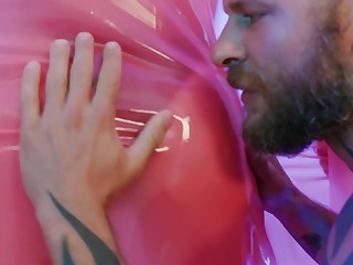 Slutty girl and inked man have nasty sex in bizarre room